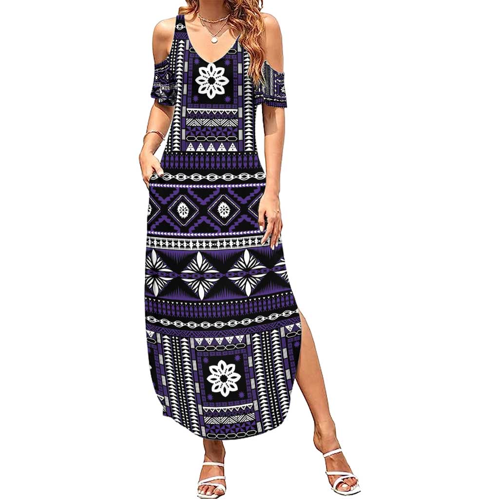 Fiji Masi Tapa Pattern Purple Family Matching Summer Maxi Dress and Hawaiian Shirt LT01 Mom's Dress Purple - Polynesian Pride
