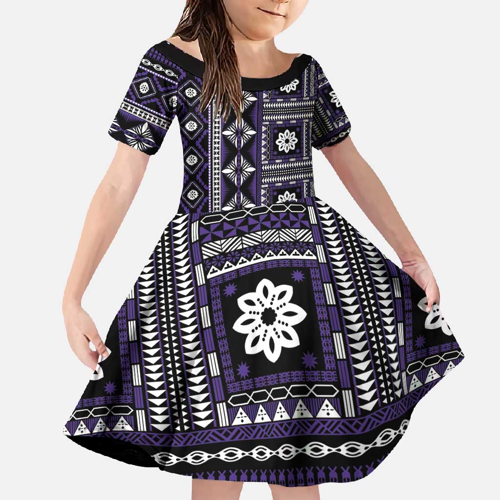 Fiji Masi Tapa Pattern Purple Family Matching Tank Maxi Dress and Hawaiian Shirt LT01 Daughter's Dress Purple - Polynesian Pride