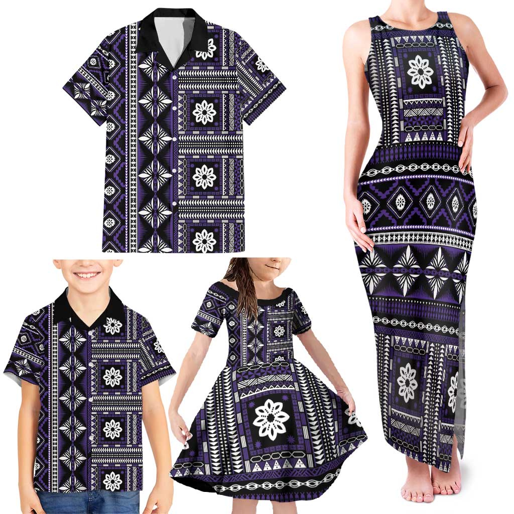Fiji Masi Tapa Pattern Purple Family Matching Tank Maxi Dress and Hawaiian Shirt LT01 - Polynesian Pride