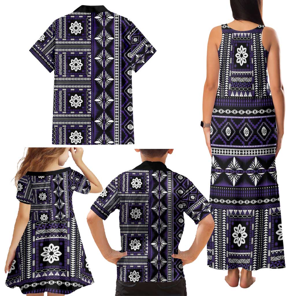 Fiji Masi Tapa Pattern Purple Family Matching Tank Maxi Dress and Hawaiian Shirt LT01 - Polynesian Pride