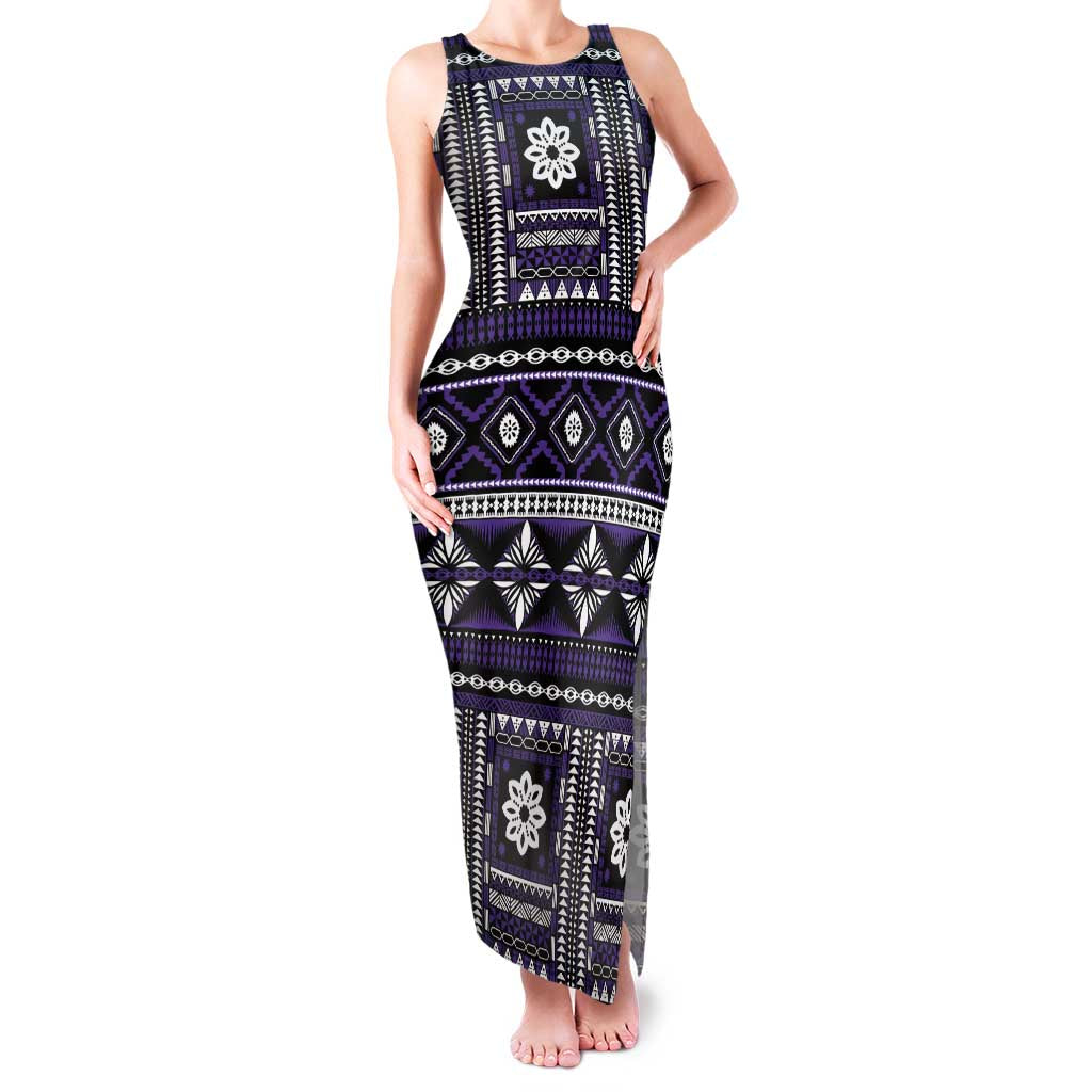 Fiji Masi Tapa Pattern Purple Family Matching Tank Maxi Dress and Hawaiian Shirt LT01 Mom's Dress Purple - Polynesian Pride
