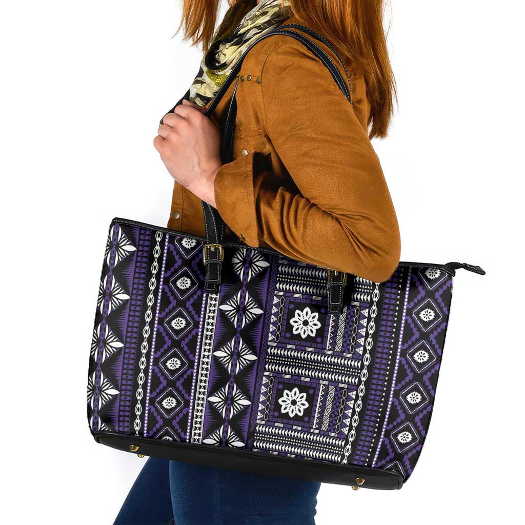 Fiji Masi Tapa Pattern Purple Leather Tote Bag - Polynesian Pride