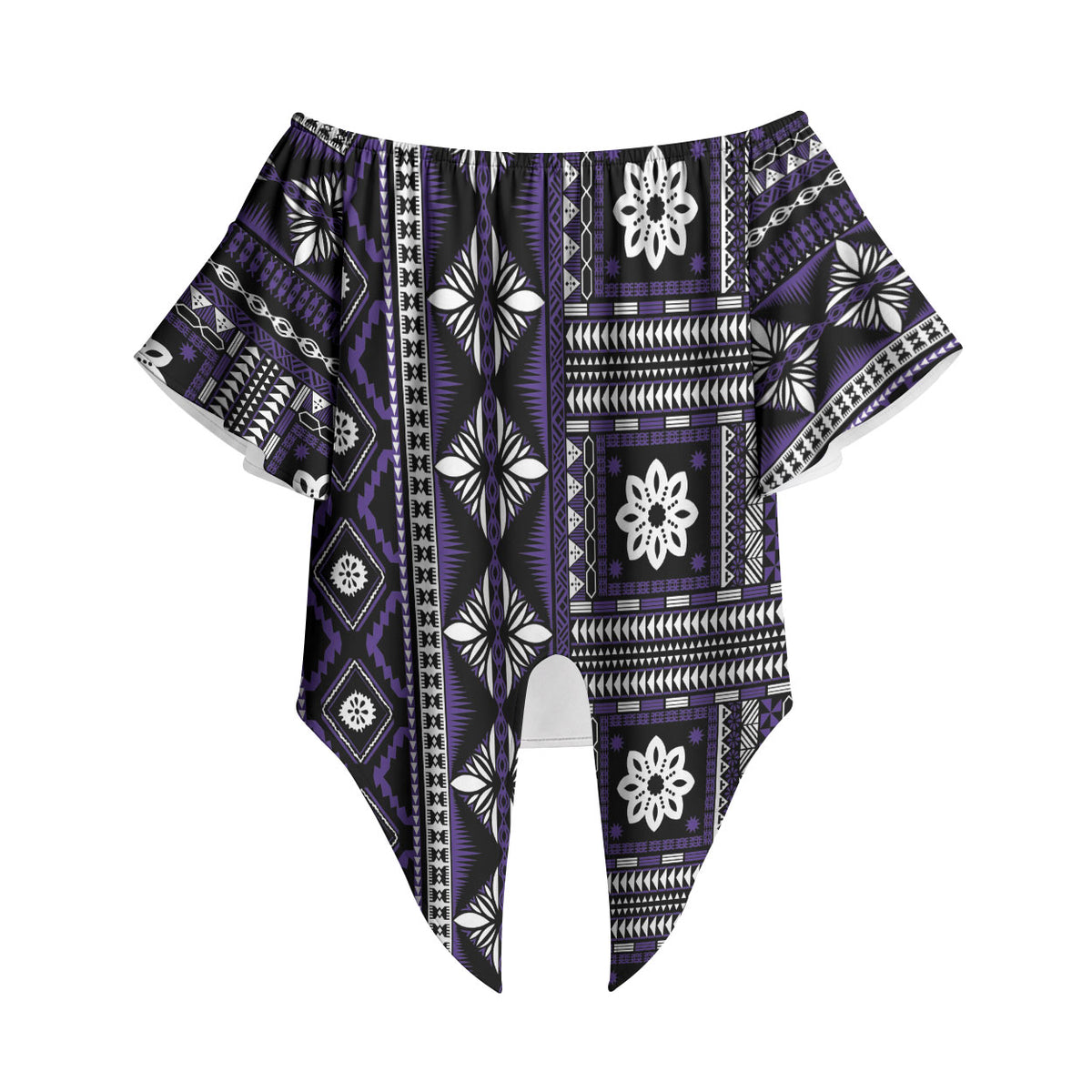 Fiji Masi Tapa Pattern Purple Off Shoulder Wrap Waist Top LT01 Purple - Polynesian Pride