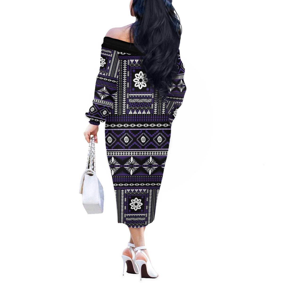 Fiji Masi Tapa Pattern Purple Off The Shoulder Long Sleeve Dress - Polynesian Pride