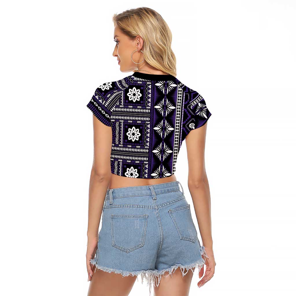 Fiji Masi Tapa Pattern Purple Raglan Cropped T Shirt - Polynesian Pride