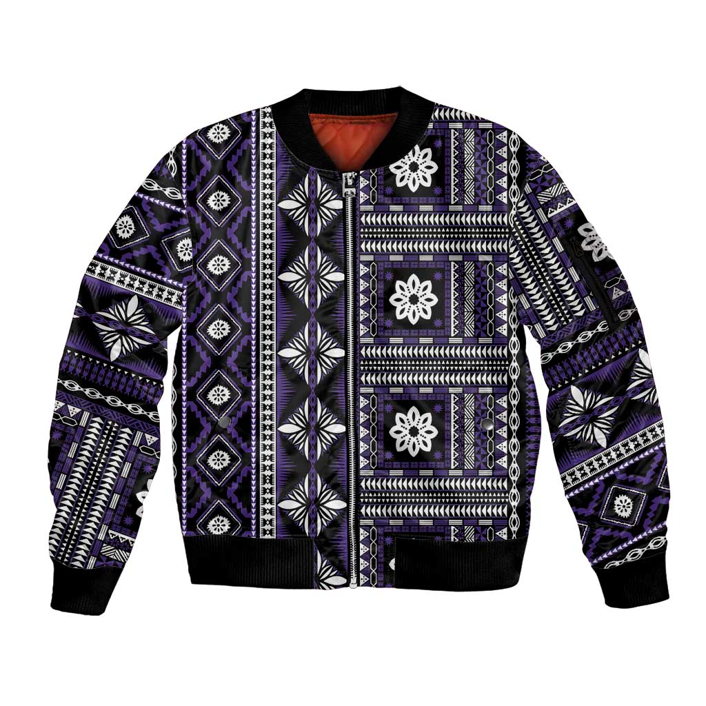 Fiji Masi Tapa Pattern Purple Sleeve Zip Bomber Jacket LT01 Unisex Purple - Polynesian Pride