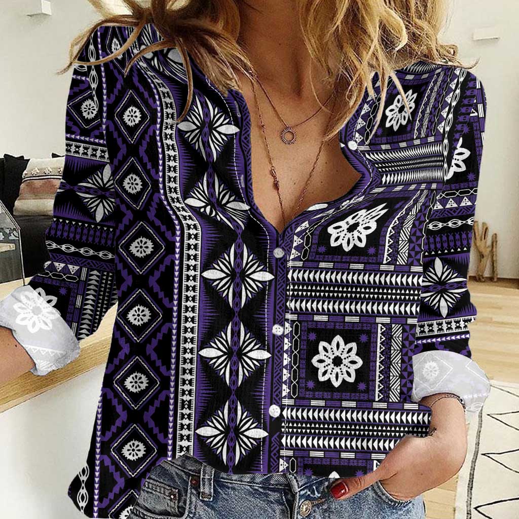 Fiji Masi Tapa Pattern Purple Women Casual Shirt LT01 Female Purple - Polynesian Pride