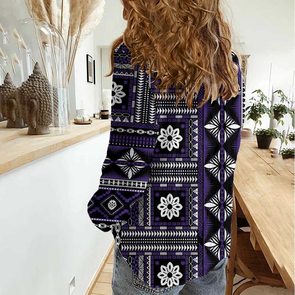 Fiji Masi Tapa Pattern Purple Women Casual Shirt LT01 - Polynesian Pride