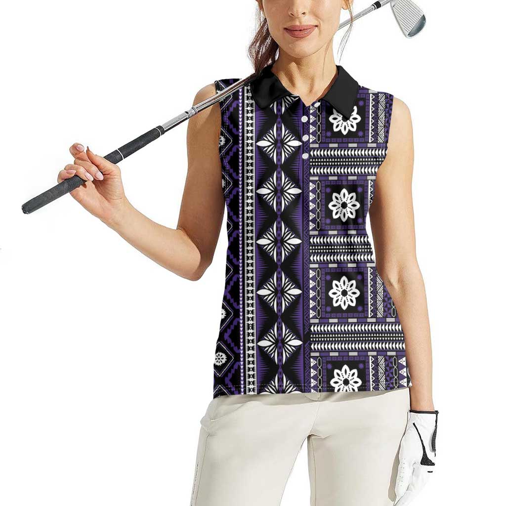 Fiji Masi Tapa Pattern Purple Women Sleeveless Polo Shirt - Polynesian Pride