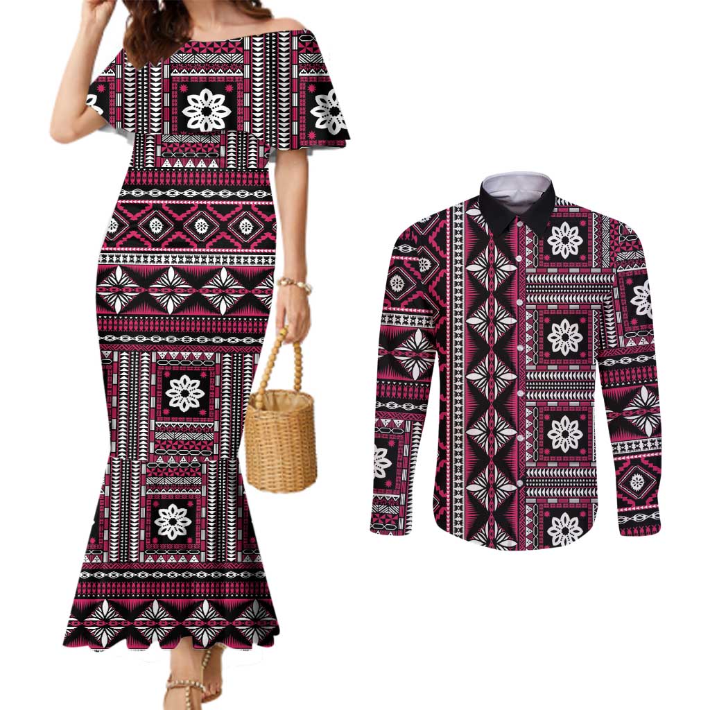 Fiji Masi Tapa Pattern Pink Couples Matching Mermaid Dress and Long Sleeve Button Shirt - Polynesian Pride