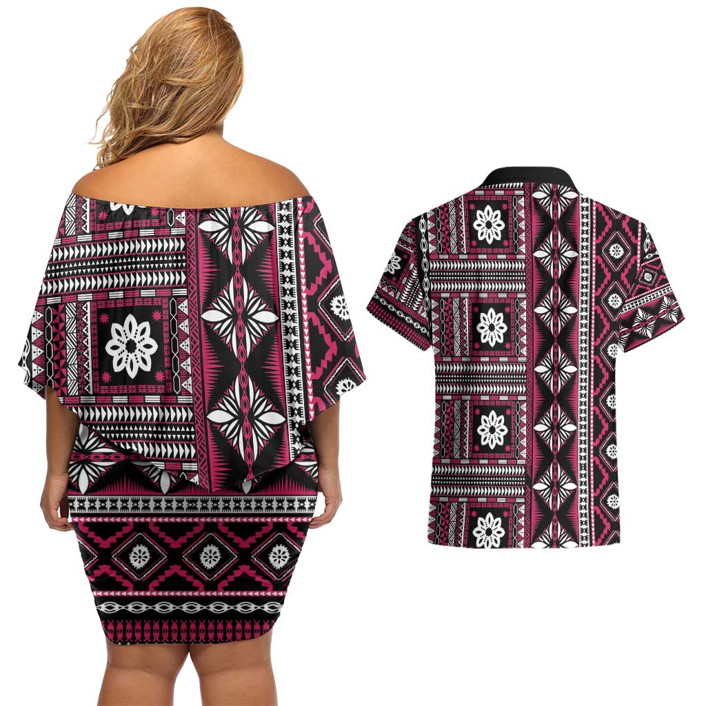 Fiji Masi Tapa Pattern Pink Couples Matching Off Shoulder Short Dress and Hawaiian Shirt - Polynesian Pride