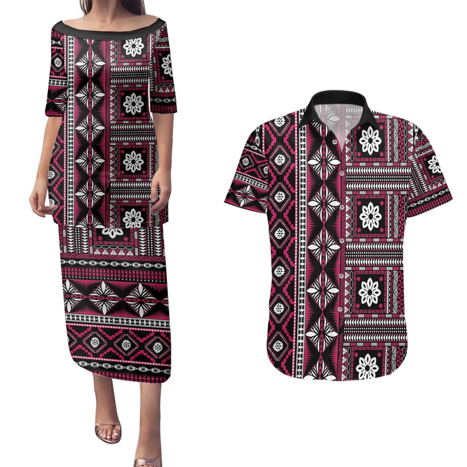 Fiji Masi Tapa Pattern Pink Couples Matching Puletasi and Hawaiian Shirt - Polynesian Pride