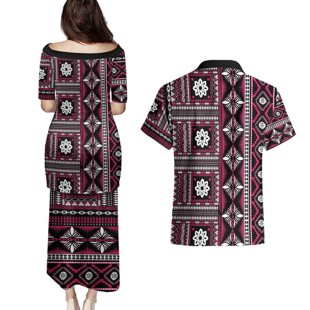 Fiji Masi Tapa Pattern Pink Couples Matching Puletasi and Hawaiian Shirt - Polynesian Pride