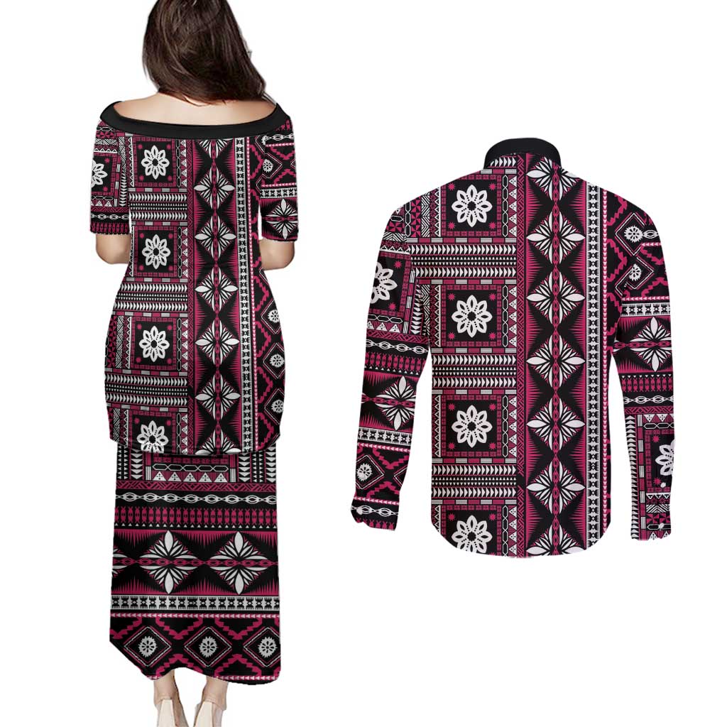 Fiji Masi Tapa Pattern Pink Couples Matching Puletasi and Long Sleeve Button Shirt - Polynesian Pride