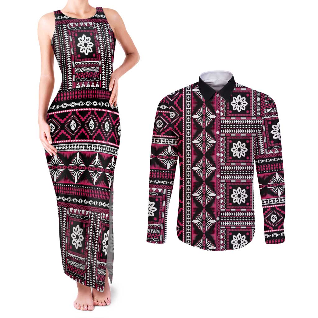 Fiji Masi Tapa Pattern Pink Couples Matching Tank Maxi Dress and Long Sleeve Button Shirt - Polynesian Pride