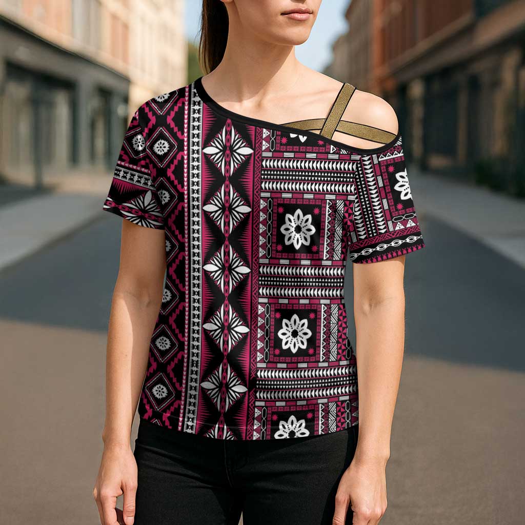 Fiji Masi Tapa Pattern Pink Cross Shoulder Shirt - Polynesian Pride