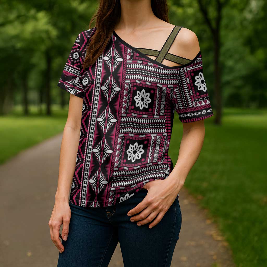Fiji Masi Tapa Pattern Pink Cross Shoulder Shirt - Polynesian Pride