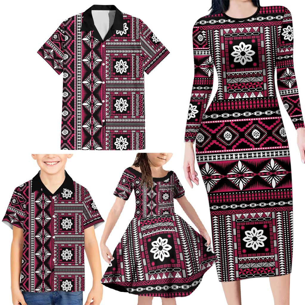 Fiji Masi Tapa Pattern Pink Family Matching Long Sleeve Bodycon Dress and Hawaiian Shirt LT01 - Polynesian Pride
