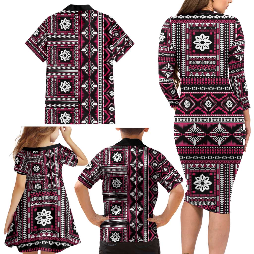 Fiji Masi Tapa Pattern Pink Family Matching Long Sleeve Bodycon Dress and Hawaiian Shirt LT01 - Polynesian Pride