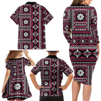 Fiji Masi Tapa Pattern Pink Family Matching Long Sleeve Bodycon Dress and Hawaiian Shirt LT01 - Polynesian Pride