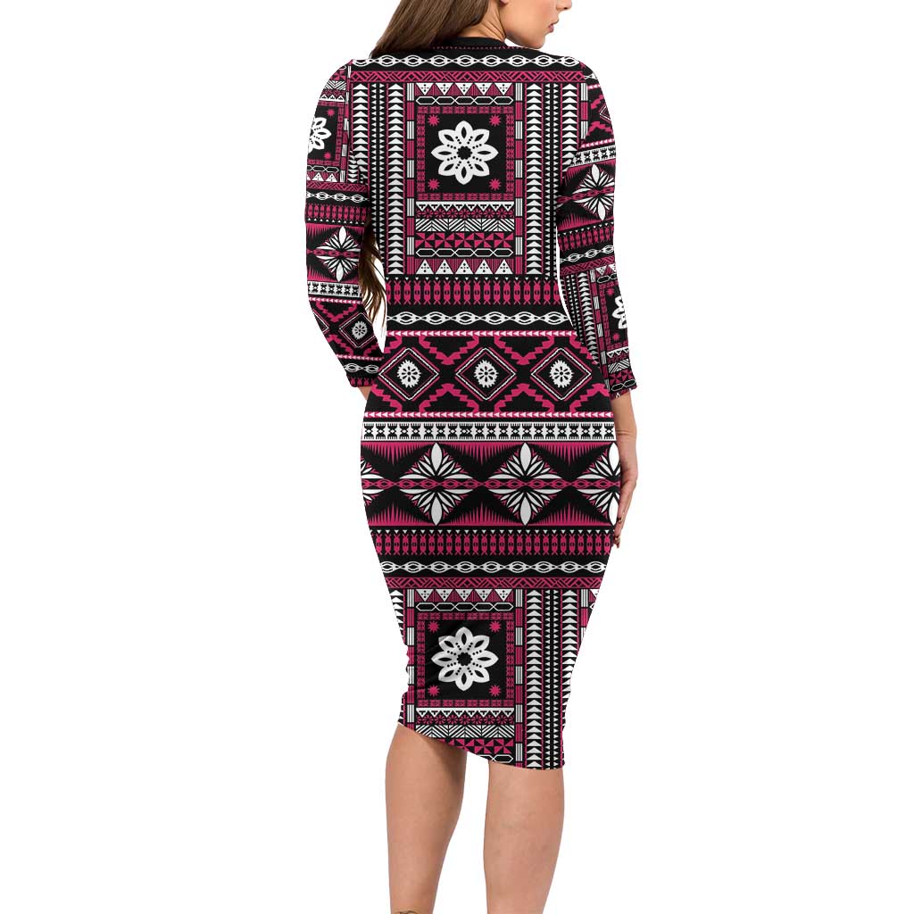 Fiji Masi Tapa Pattern Pink Family Matching Long Sleeve Bodycon Dress and Hawaiian Shirt LT01 - Polynesian Pride