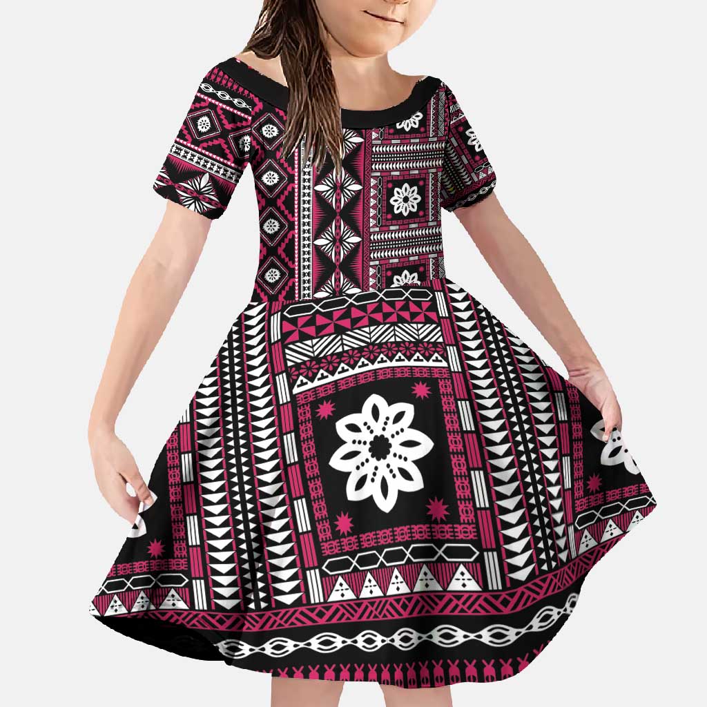 Fiji Masi Tapa Pattern Pink Family Matching Mermaid Dress and Hawaiian Shirt LT01 Daughter's Dress Pink - Polynesian Pride