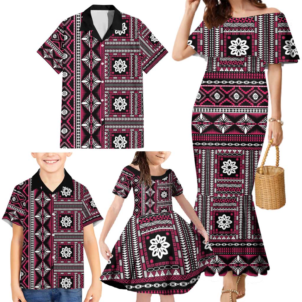 Fiji Masi Tapa Pattern Pink Family Matching Mermaid Dress and Hawaiian Shirt LT01 - Polynesian Pride