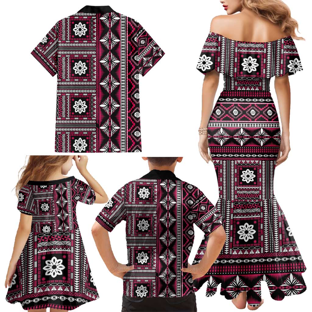 Fiji Masi Tapa Pattern Pink Family Matching Mermaid Dress and Hawaiian Shirt LT01 - Polynesian Pride