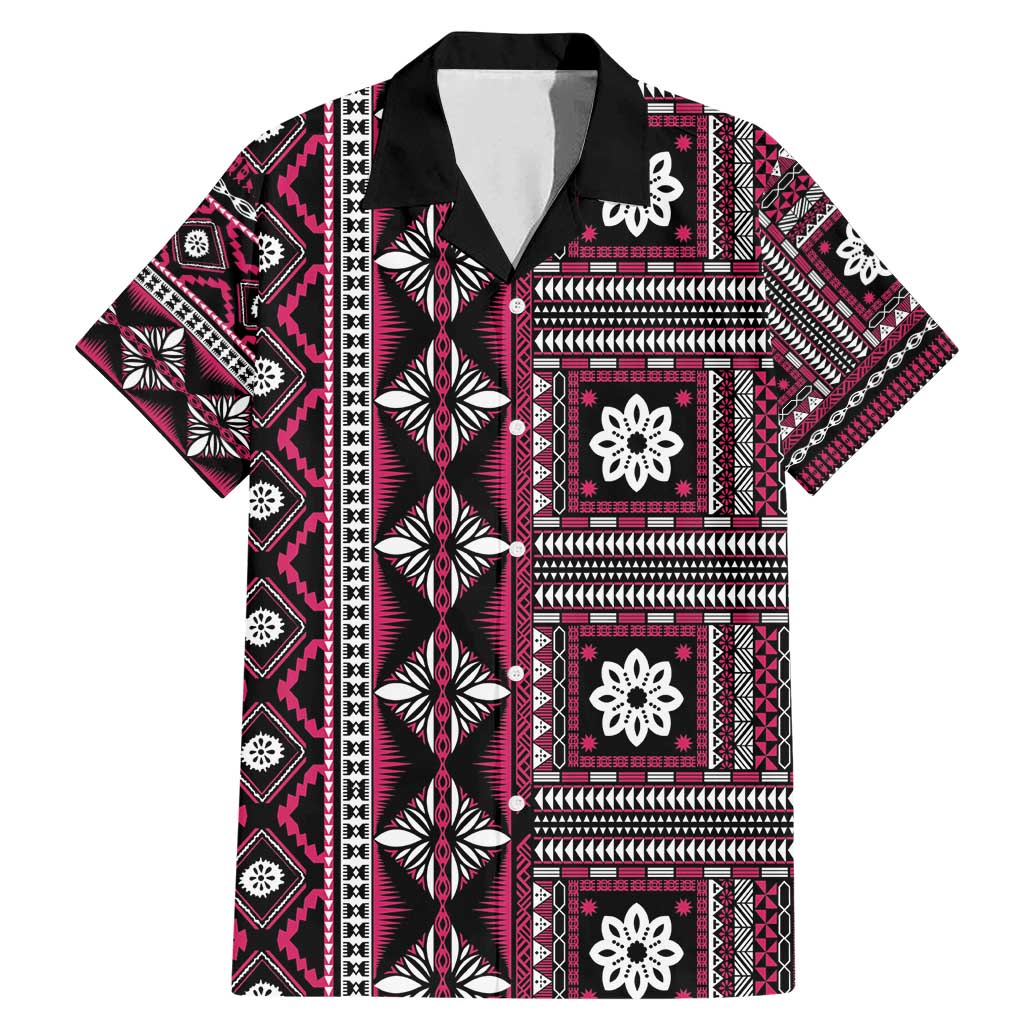 Fiji Masi Tapa Pattern Pink Family Matching Mermaid Dress and Hawaiian Shirt LT01 Dad's Shirt - Short Sleeve Pink - Polynesian Pride