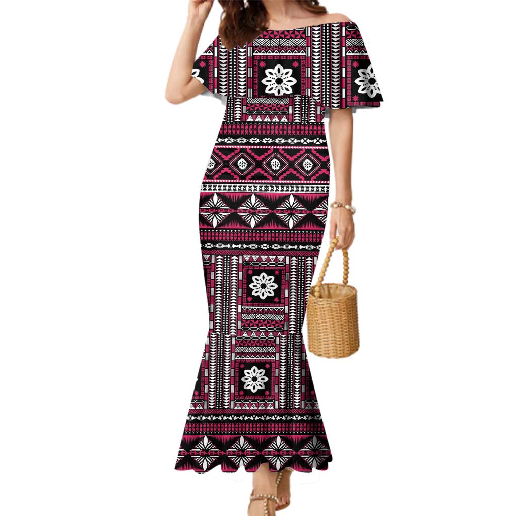Fiji Masi Tapa Pattern Pink Family Matching Mermaid Dress and Hawaiian Shirt LT01 Mom's Dress Pink - Polynesian Pride
