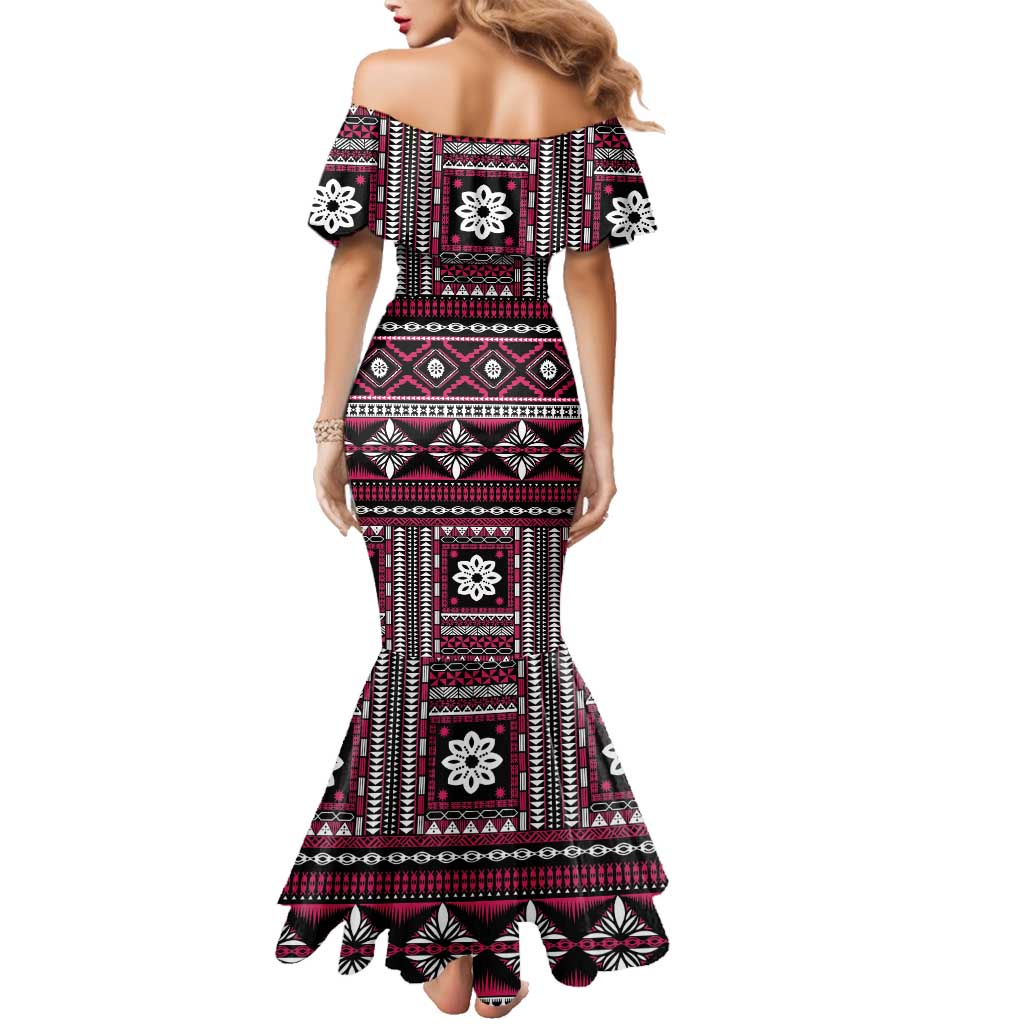 Fiji Masi Tapa Pattern Pink Family Matching Mermaid Dress and Hawaiian Shirt LT01 - Polynesian Pride