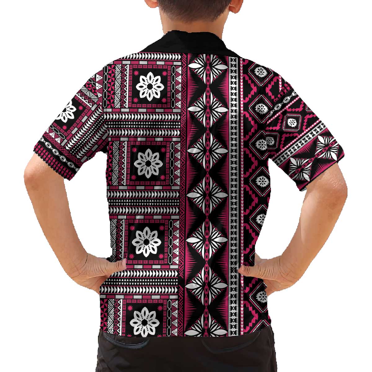 Fiji Masi Tapa Pattern Pink Family Matching Off The Shoulder Long Sleeve Dress and Hawaiian Shirt LT01 - Polynesian Pride