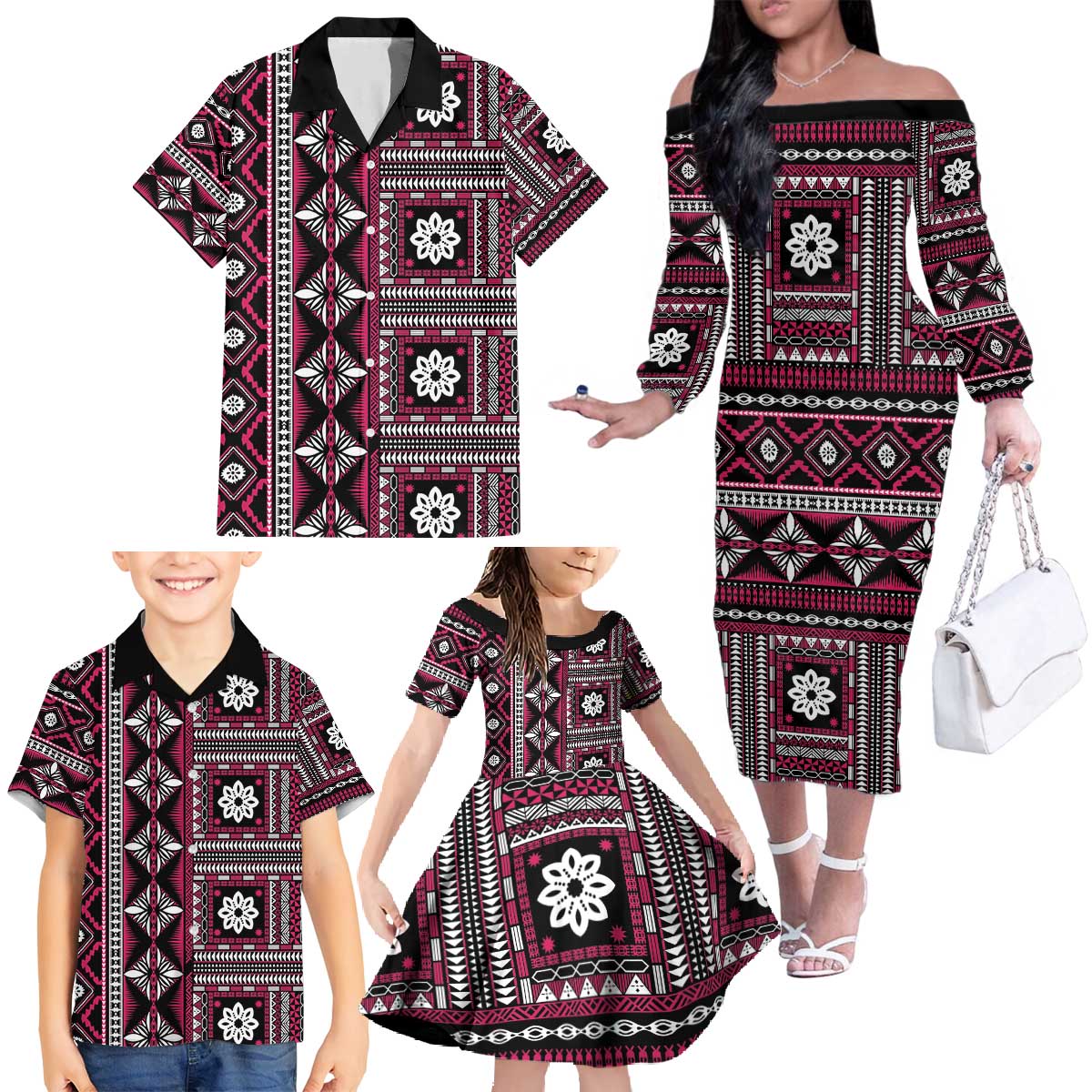 Fiji Masi Tapa Pattern Pink Family Matching Off The Shoulder Long Sleeve Dress and Hawaiian Shirt LT01 - Polynesian Pride