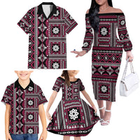 Fiji Masi Tapa Pattern Pink Family Matching Off The Shoulder Long Sleeve Dress and Hawaiian Shirt LT01 - Polynesian Pride