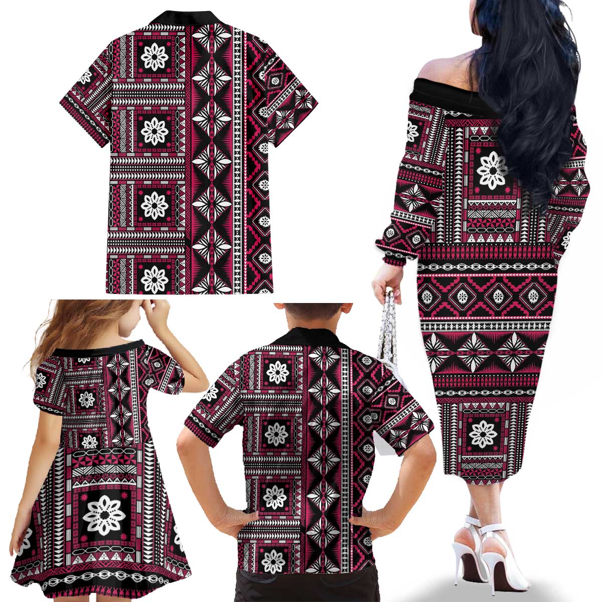 Fiji Masi Tapa Pattern Pink Family Matching Off The Shoulder Long Sleeve Dress and Hawaiian Shirt LT01 - Polynesian Pride