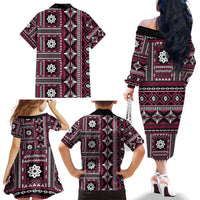 Fiji Masi Tapa Pattern Pink Family Matching Off The Shoulder Long Sleeve Dress and Hawaiian Shirt LT01 - Polynesian Pride