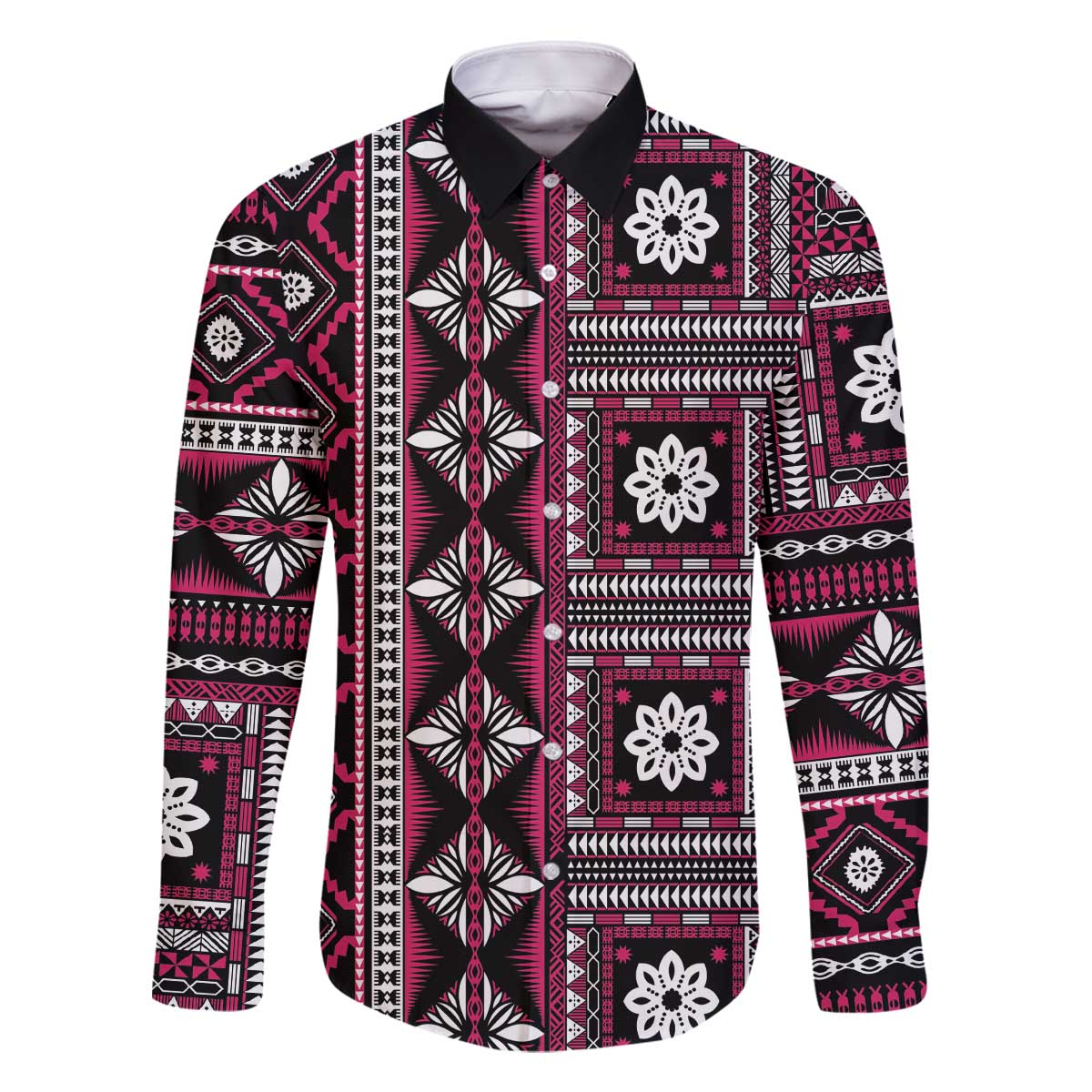 Fiji Masi Tapa Pattern Pink Family Matching Off The Shoulder Long Sleeve Dress and Hawaiian Shirt LT01 Dad's Shirt - Long Sleeve Pink - Polynesian Pride