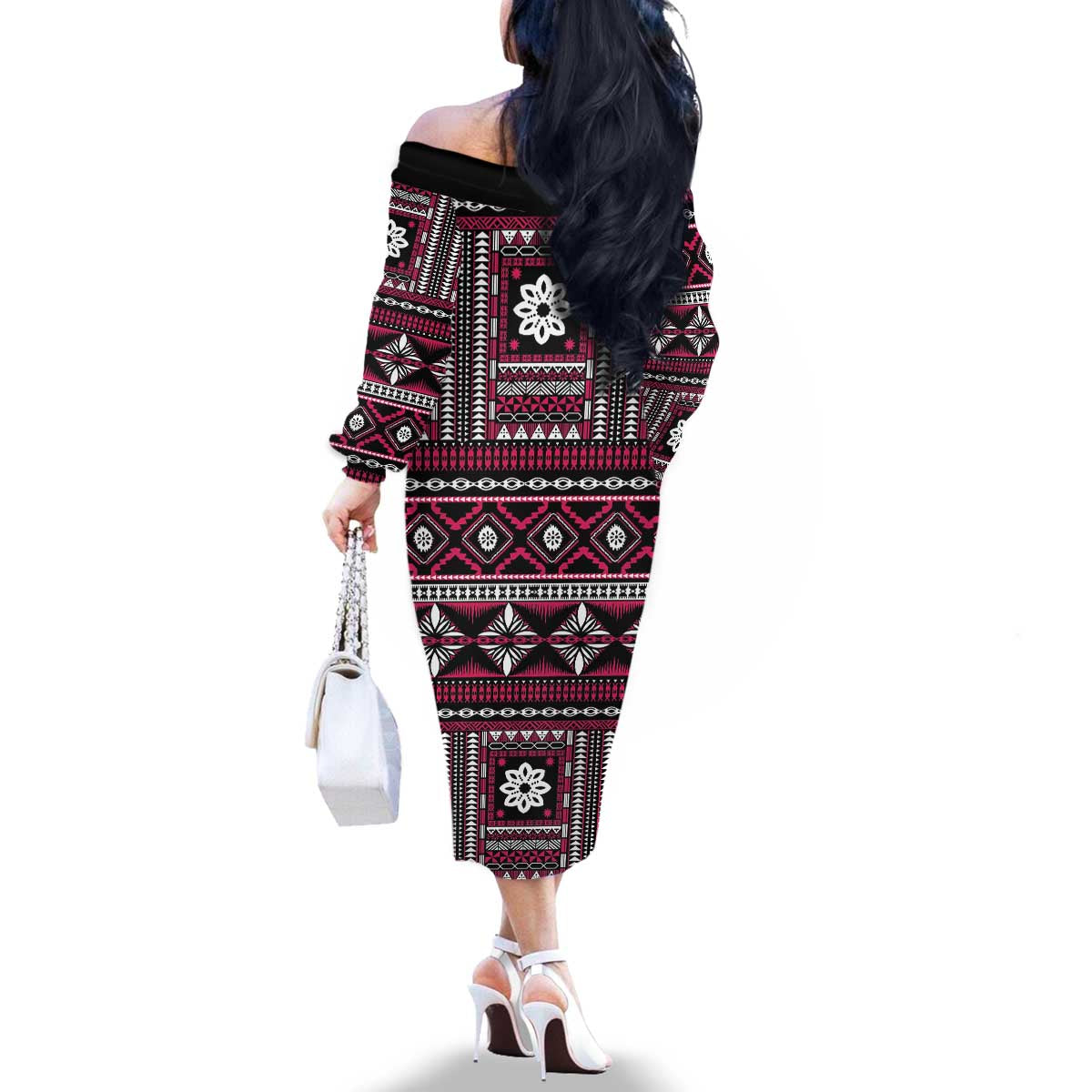 Fiji Masi Tapa Pattern Pink Family Matching Off The Shoulder Long Sleeve Dress and Hawaiian Shirt LT01 - Polynesian Pride