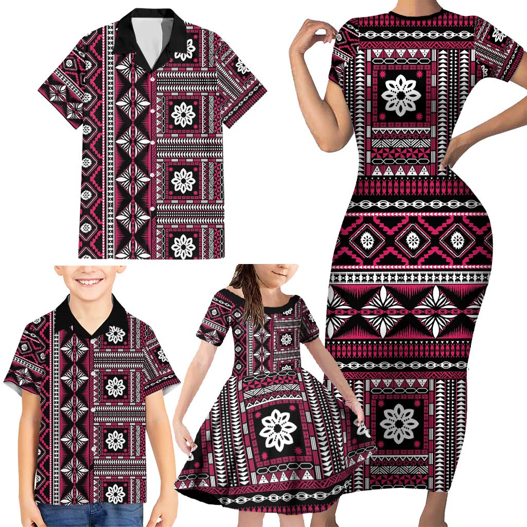Fiji Masi Tapa Pattern Pink Family Matching Short Sleeve Bodycon Dress and Hawaiian Shirt LT01 - Polynesian Pride