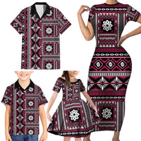 Fiji Masi Tapa Pattern Pink Family Matching Short Sleeve Bodycon Dress and Hawaiian Shirt LT01 - Polynesian Pride