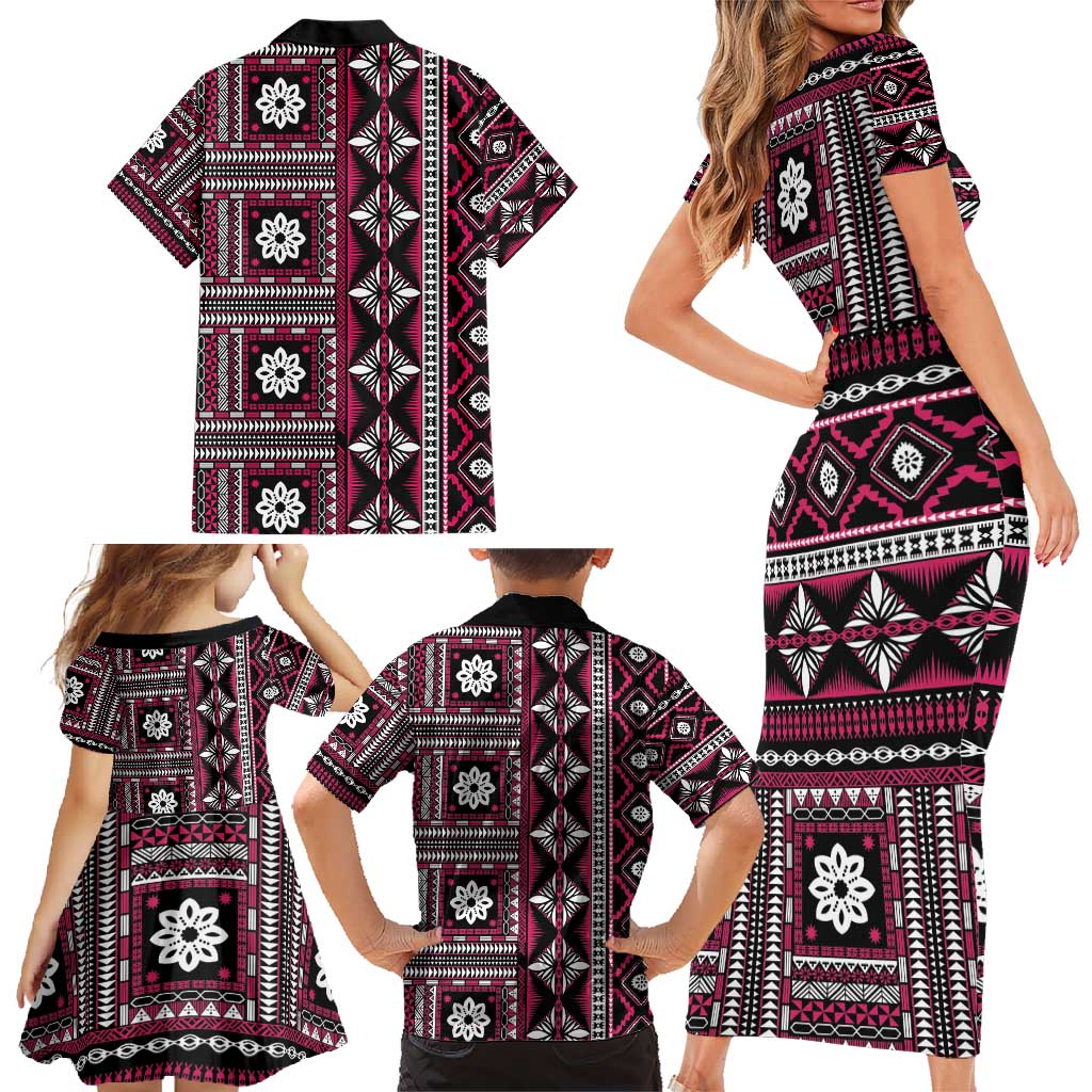 Fiji Masi Tapa Pattern Pink Family Matching Short Sleeve Bodycon Dress and Hawaiian Shirt LT01 - Polynesian Pride