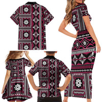 Fiji Masi Tapa Pattern Pink Family Matching Short Sleeve Bodycon Dress and Hawaiian Shirt LT01 - Polynesian Pride