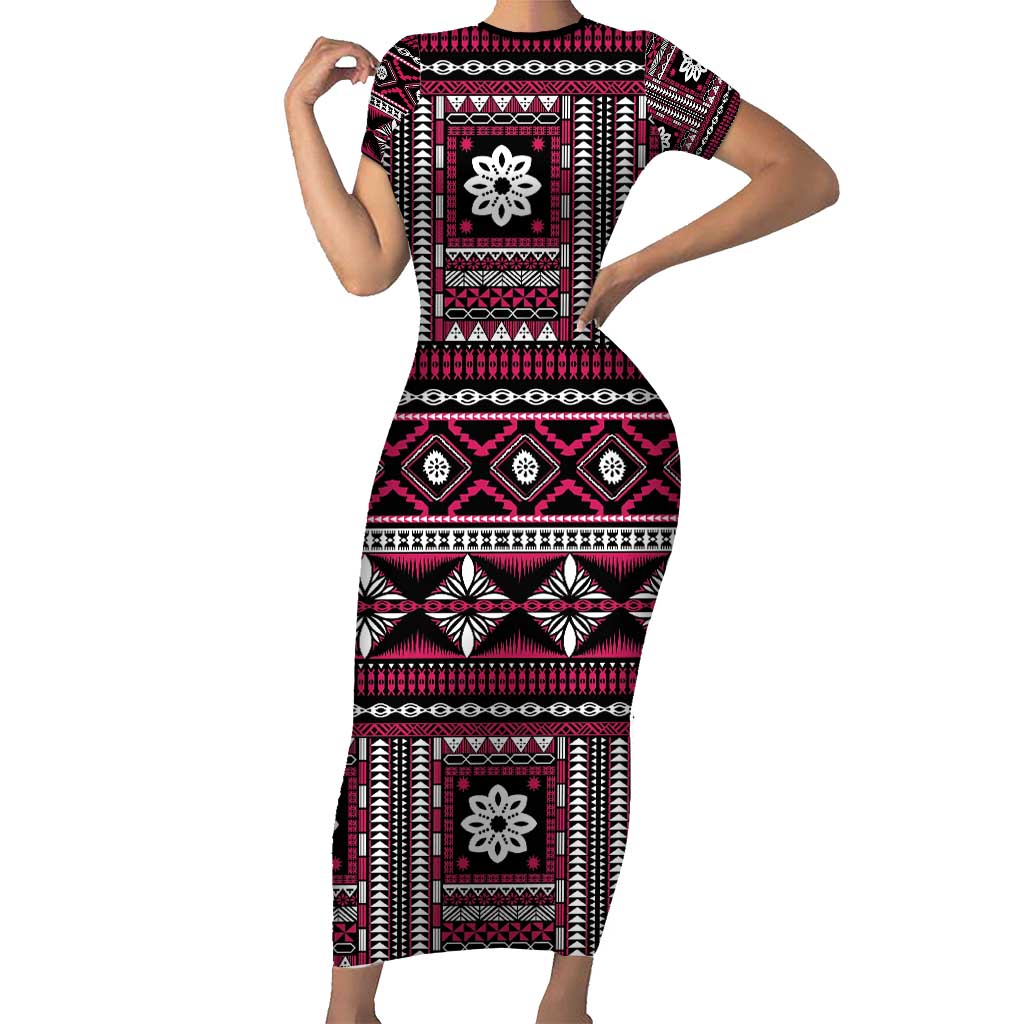 Fiji Masi Tapa Pattern Pink Family Matching Short Sleeve Bodycon Dress and Hawaiian Shirt LT01 Mom's Dress Pink - Polynesian Pride