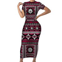 Fiji Masi Tapa Pattern Pink Family Matching Short Sleeve Bodycon Dress and Hawaiian Shirt LT01 Mom's Dress Pink - Polynesian Pride