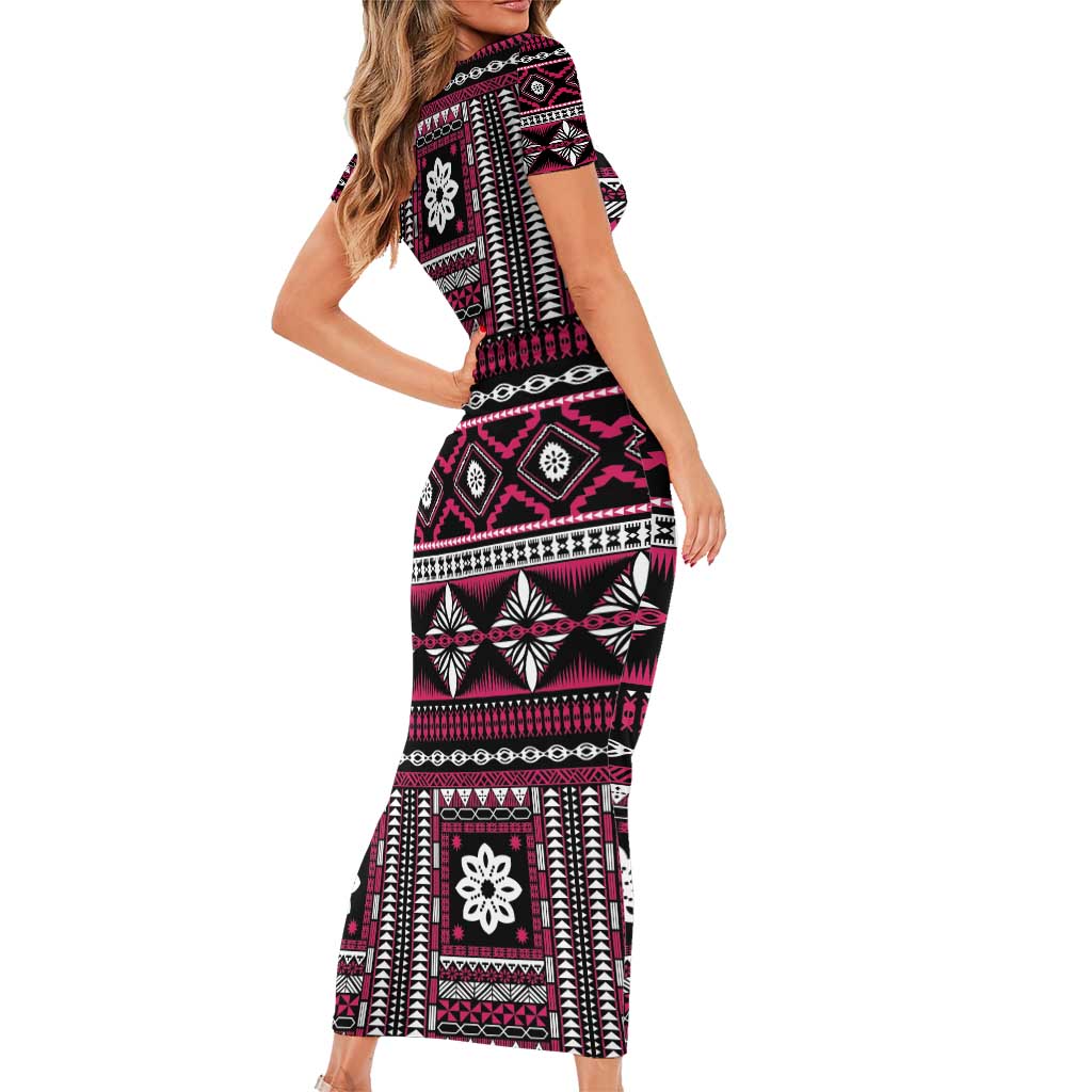 Fiji Masi Tapa Pattern Pink Family Matching Short Sleeve Bodycon Dress and Hawaiian Shirt LT01 - Polynesian Pride