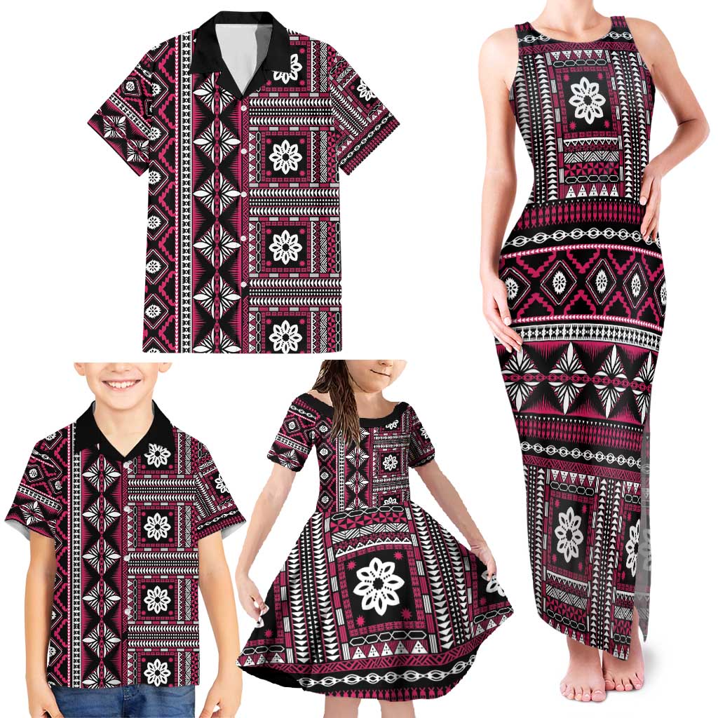 Fiji Masi Tapa Pattern Pink Family Matching Tank Maxi Dress and Hawaiian Shirt LT01 - Polynesian Pride