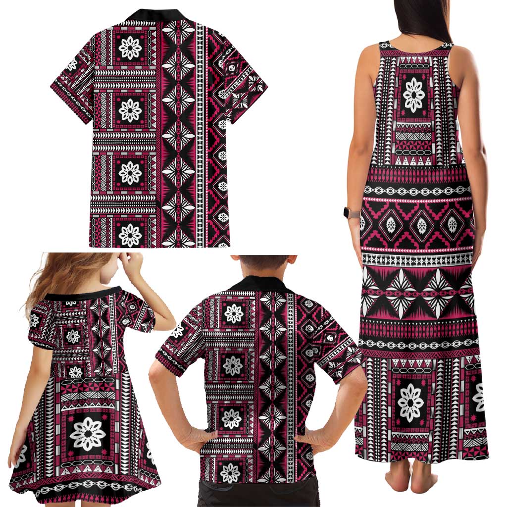 Fiji Masi Tapa Pattern Pink Family Matching Tank Maxi Dress and Hawaiian Shirt LT01 - Polynesian Pride