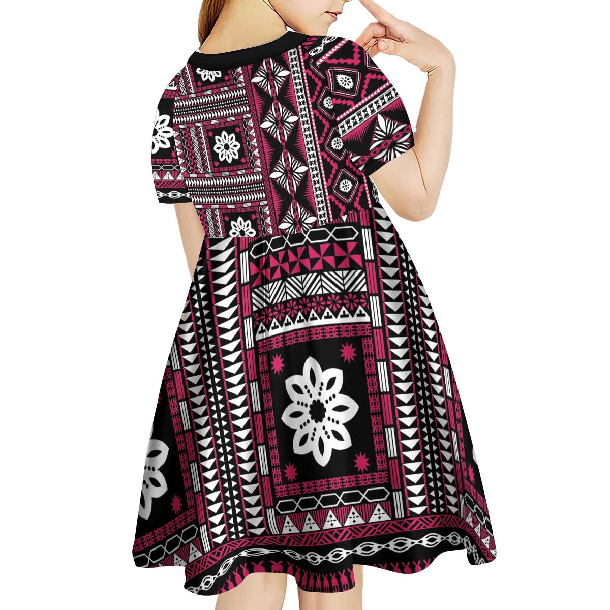 Fiji Masi Tapa Pattern Pink Kid Short Sleeve Dress - Polynesian Pride