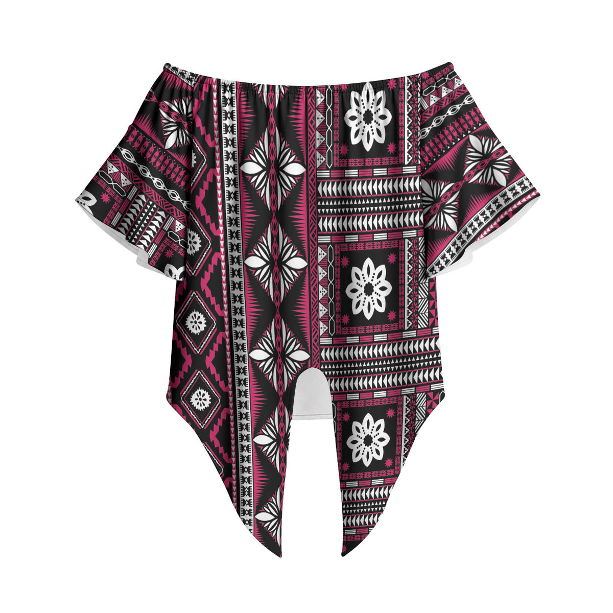 Fiji Masi Tapa Pattern Pink Off Shoulder Wrap Waist Top LT01 Pink - Polynesian Pride