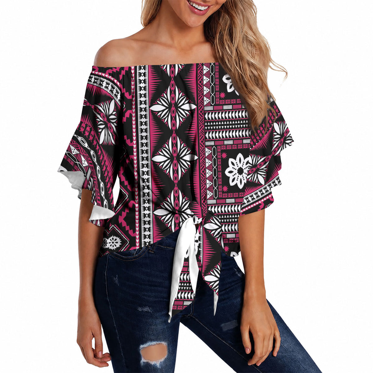 Fiji Masi Tapa Pattern Pink Off Shoulder Wrap Waist Top LT01 - Polynesian Pride